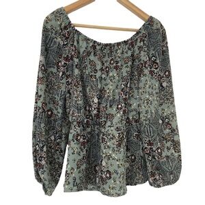 MAURICES SAGE GREEN/RUST/YELLOW POET BLOUSE WITH RUFFLE NECK, BISHOP SLEEVES, XS